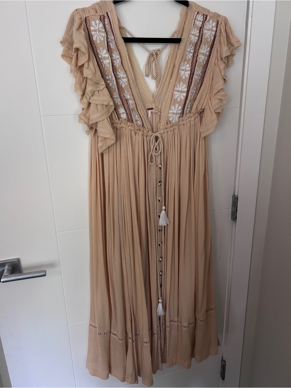 Free People Beige Embroidered Midi Dress with Tassel Tie